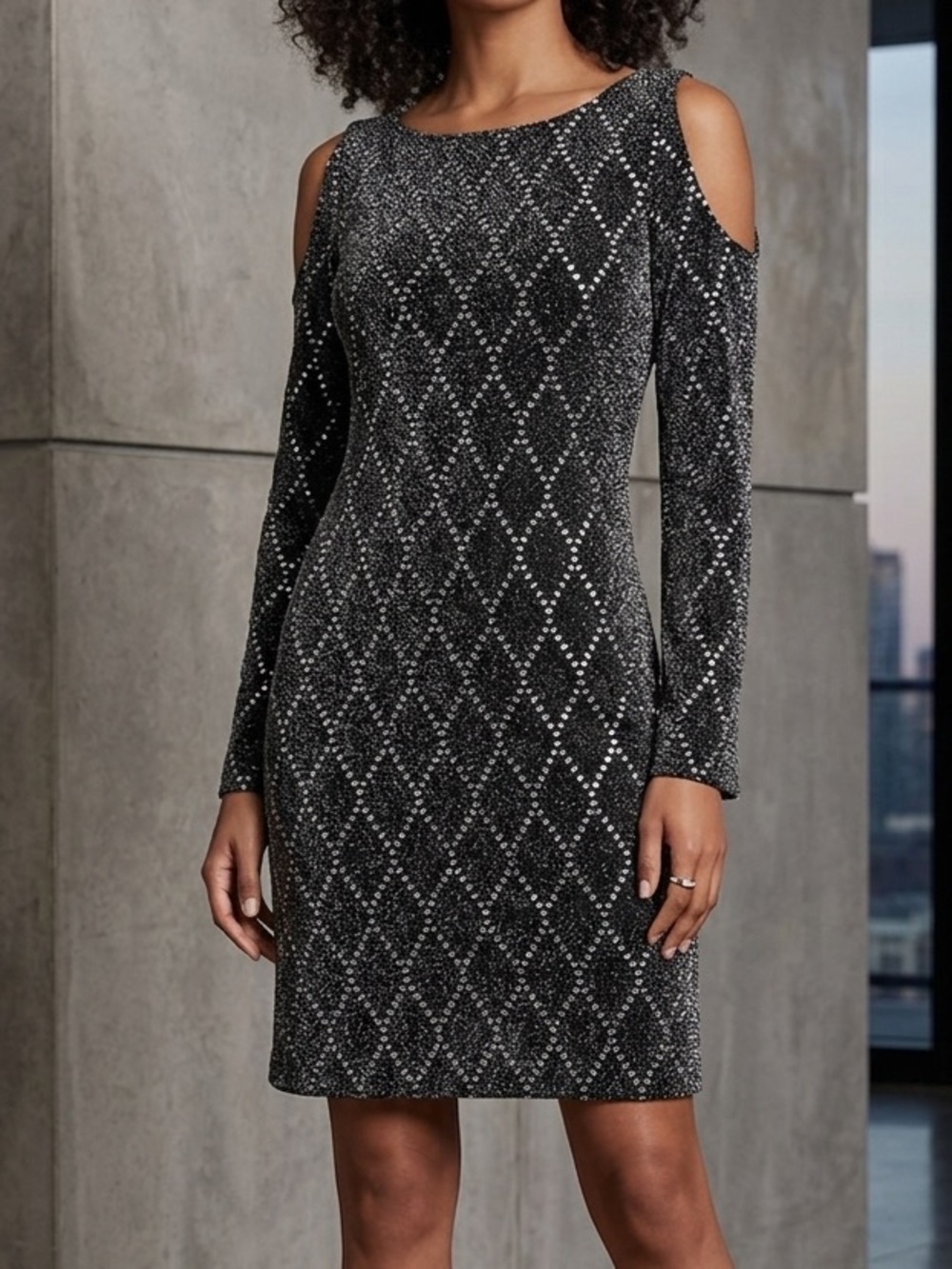 Jessica Howard black metallic sequins long bell sleeve cold shoulder mini dress